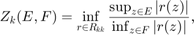 $$ Z_k(E,F) = \inf_{r\in R_{kk}} \frac{\sup_{z\in E} |r(z)|}{\inf_{z\in F} |r(z)|},$$
